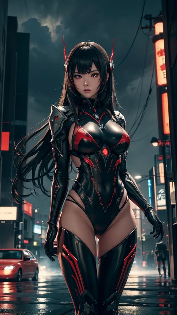 Realistic 1.5, 1 japanese girl, bikini WARFRAME, intricate pattern, heavy metal, energy lines, faceless, glowing eyes, elegant, intense, blood red and black uniform bikini, seios grandes, solo, modern, city, streets, dark clouds, thunderstorm, heavy rain,, dramatic lighting,, (masterpiece:1.2), best quality, high resolution, beautiful detailed, extremely detailed, perfect lighting,