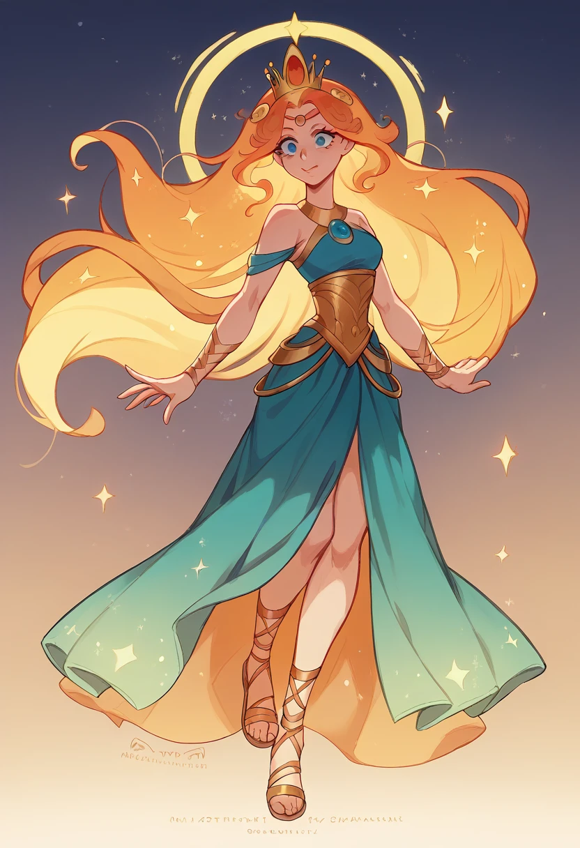 A goddess of light with a radiant aura emanating a golden glow. She wears an ethereal gown with layers of fabric shifting between gold, pearlescent white, and celestial blue. Her long hair flows like a cascade of light, with small sparkling flecks. Accessories include a crown of light and crystal sandals.