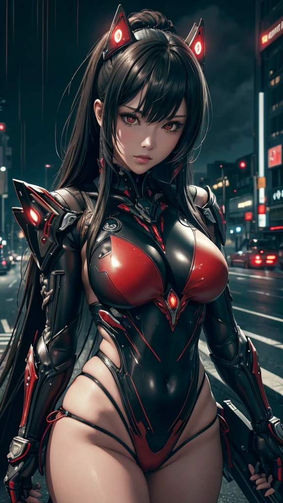 Realistic 1.5, 1 japanese girl, bikini WARFRAME, intricate pattern, heavy metal, energy lines, faceless, glowing eyes, elegant, intense, blood red and black uniform bikini, seios grandes, solo, modern, city, streets, dark clouds, thunderstorm, heavy rain,, dramatic lighting,, (masterpiece:1.2), best quality, high resolution, beautiful detailed, extremely detailed, perfect lighting,