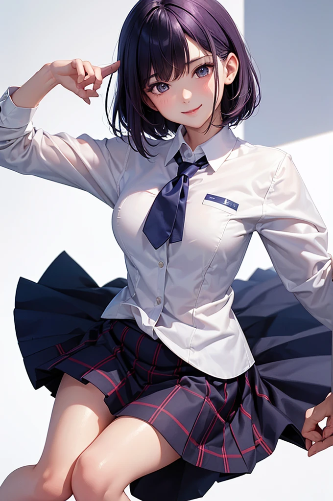 masterpiece, super fine illustration, best quality,ultra-detailed, 8K wallpaper, (a beautiful woman),big breasts,(black hair),(very short hair),(blue skirts),((white school uniform),smile,open mouth,rom behind,(hand against wall), ass,,bedroom,pink bed,night,side shot
BREAK
(burberry check panties),lifted by self,skirt lift