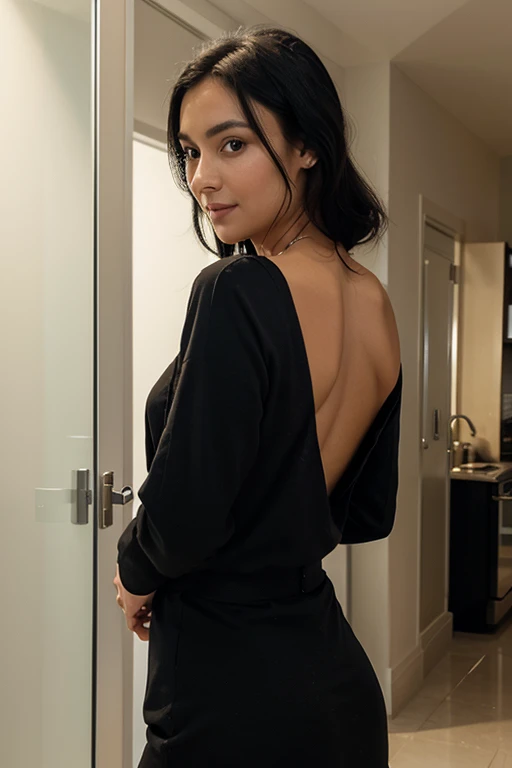 1girl, age23, Brazilian, Solo, Long hair, Colossal tits, laying down, bent over, rear view,, black hair, Bare shoulders, Brown eyes, jewelry, Full body, a necklace, off shoulders, Sweaters, G String, Realistic, A sexy