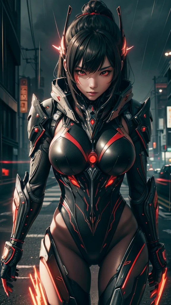 Realistic 1.5, 1 japanese girl, bikini WARFRAME, intricate pattern, heavy metal, energy lines, faceless, glowing eyes, elegant, intense, blood red and black uniform bikini, seios grandes, solo, modern, city, streets, dark clouds, thunderstorm, heavy rain,, dramatic lighting,, (masterpiece:1.2), best quality, high resolution, beautiful detailed, extremely detailed, perfect lighting,