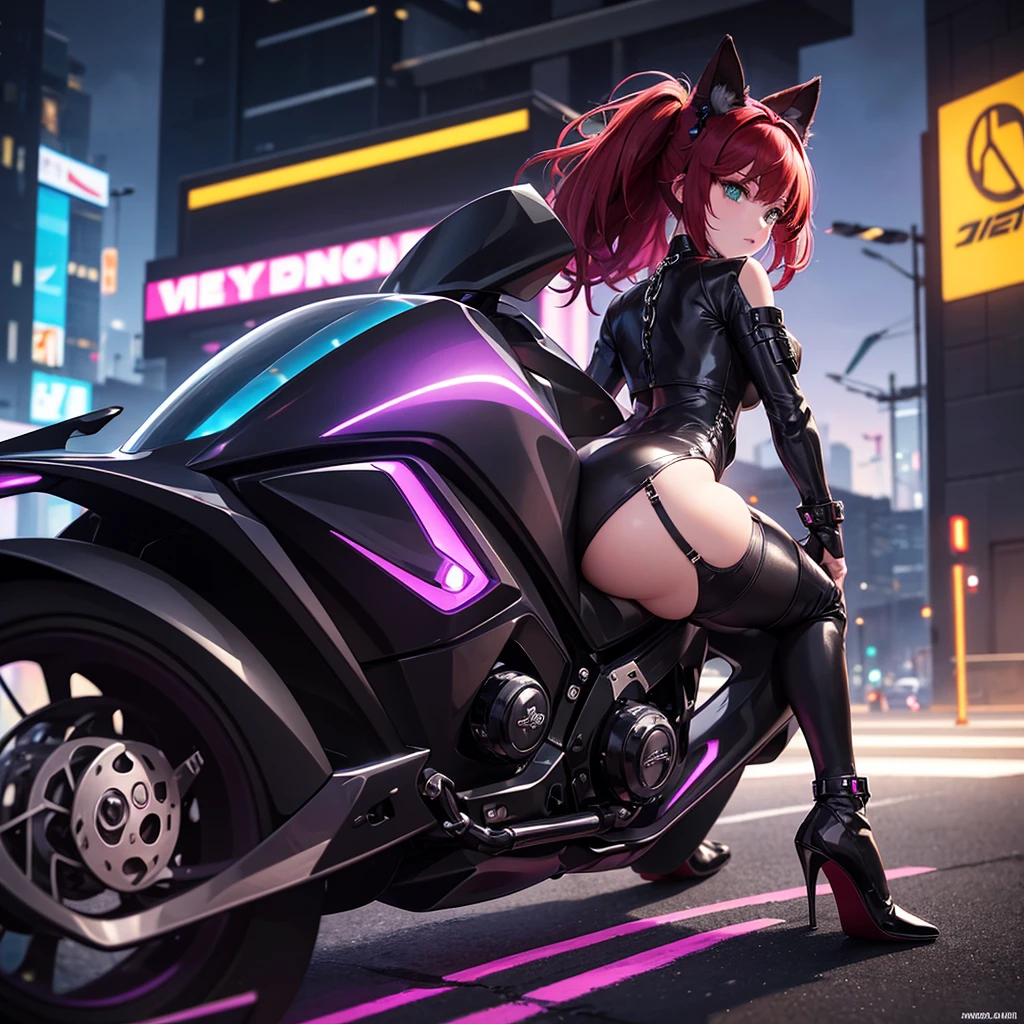 The image shows an illustrated character sitting on a motorcycle.. The character has short hair and wears a suit with black-violet colors and yellow neons that surround his prominent bodysuit.... The motorcycle looks big and futuristic., same color palette with elegant lines and luminous elements. The background suggests an urban environment illuminated with neon lights., possibly at night. There are various shapes and patterns reminiscent of digital or cybernetic motifs..., contributing to the overall sci-fi look of the image.. I imagine this girl with a futuristic appearance and full of mystery.. His body is wrapped in a purple and black jumpsuit.., Shiny chains entwine around his arms and legs., as if they were metallic tattoos. The three-strand necklace, with its padlock in the shape of digits, It is their symbol of submission and devotion.. Her red hair falls in waves over her shoulders..., and his green eyes shine with a mixture of passion and obedience. The black dress fits her curves., enhancing her voluptuous figure. Each chain that tightens around her skin is a reminder of her role as a beloved slave.... In the dark garage, the girl prepares for her master. The cyberpunk motorcycle awaits you, Its shiny surface reflects the neon lights of the city. The cat-shaped helmet gives it a mysterious look., and the tail that extends from the back of the seat seems to have a life of its own. She rides the motorcycle with grace., speeding into the night. The wind whistles in his ears as he walks through the dark streets., ready to carry out your master&#39;orders. In this futuristic world, where technology and passion intertwine, she is his slave, your confidant and your lover. The girl with the chains and a cyberpunk motorcycle is an enigma, a mixture of desire and slavery. Their story unfolds under the twinkling lights of the city.., and his figure becomes a legend in the night streets. SIMILAR TO IP:but