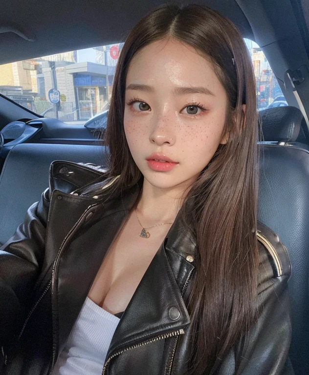 Super ultra happy cute , with freckles and hazelnut brown hair, sensual look, white shirt in the background and a black jacket on top. Jennie Kim face. 