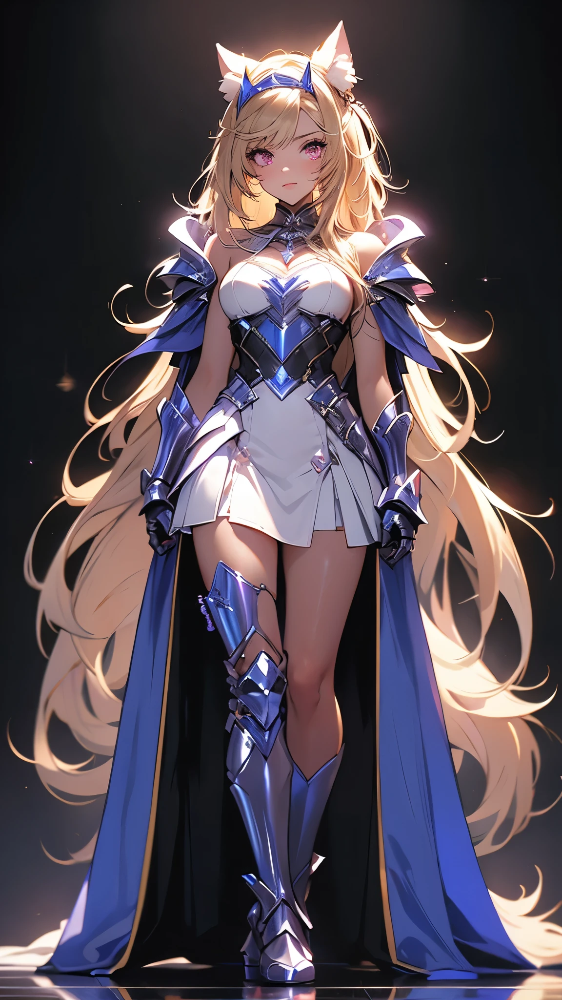 envision a 8k, highres, cinematic, beautiful full body Pinup standing pose of a sexy lady with a fluffy body, strong face, strong mature older face, (((long blonde hair))), side locks, long bangs, pink eyes, warrior armor, furry armor piece, shoulder cape, skull crown, fantasy armor, high fantasy, skirt armor, multi layer skirt, slit skirt, tall armor boots, heels, intricate knee armor, garters, shiny skin, beautiful hands, gauntlets, vibrant, ((((1girl)))), in dark lighting, against a dark gray background