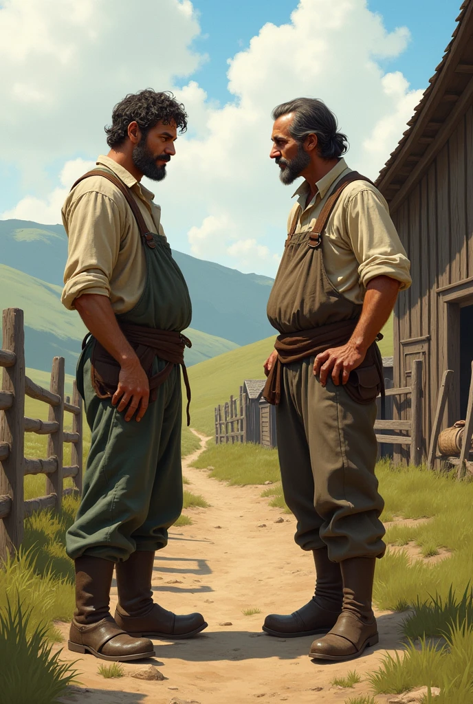 Two English countrymen standing in front of a farm house at farmland yelling 