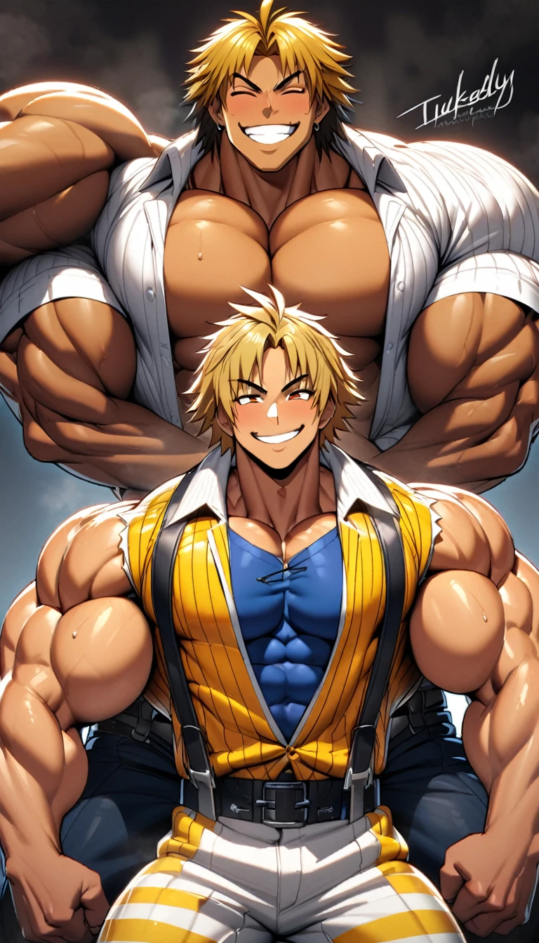 Highest quality,Huge muscles,Full Color,tidus,Massive ,smile wickedly,Open shirt,Shake hard,Devil&#39;s Wings and Tail,Normal position,(((Huge erect penis))),Rubber Suit,Magic circle tattoo,Sex,2boys,((Zoom out,Full body photo)),Stick your tongue out,The devil enters the body,(((アナルSex,Normal position)))