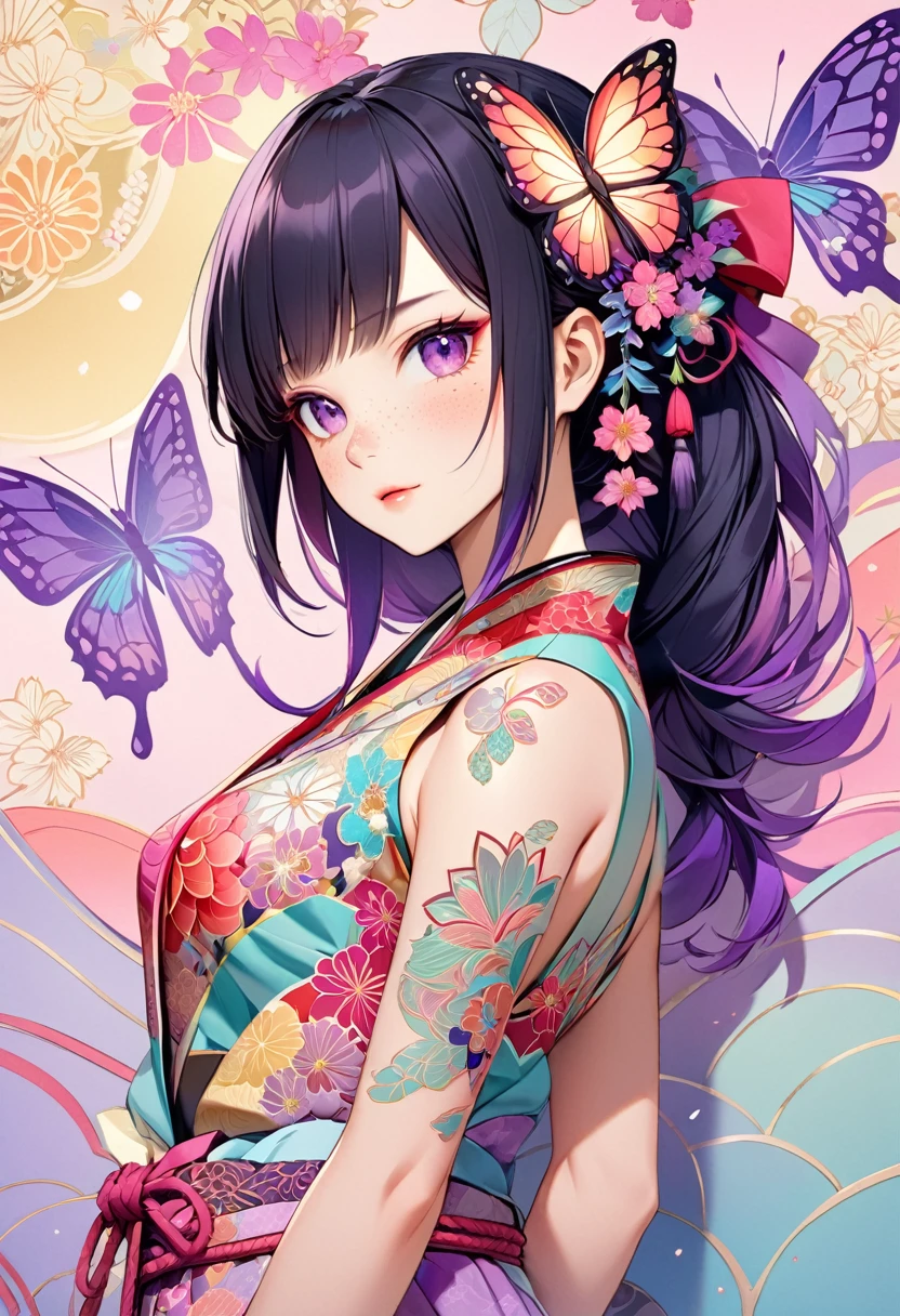 A mesmerizing surreal illustration of a young japanese woman resembling Shinobu Kouchou. She has black hair, purple eyes, a butterfly hair ornament, and wears a vibrant pastel colored outfit adorned with intricate floral patterns. Freckles dot her smooth, warm complexion, and bold, colorful tattoos cover her arms and legs. The tattoos feature traditional Japanese motifs like flowers and mythical creatures, rendered with meticulous detail in a pastel color palette. The background is a vintage floral-patterned wallpaper that complements the artwork's colors. The line work is precise, with delicate shading that gives the illustration a 3D quality. The artwork fuses modern illustration techniques with traditional Japanese aesthetics, resulting in a visually striking, portrait, Shinobu_Kocho, butterfly_hairpiece, multicolored_hair, purple_hair, black_hair, medium breasts, slender, arms behind back, 
