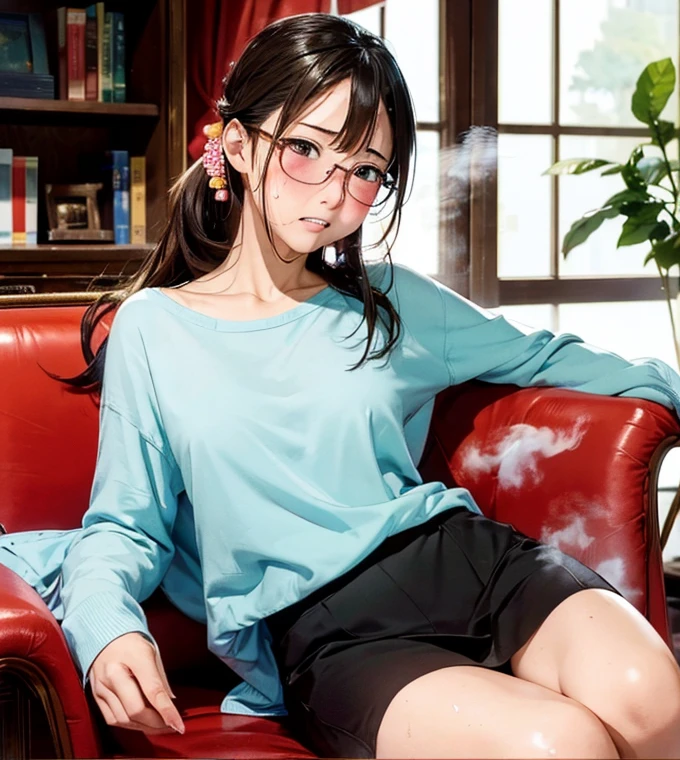 Beautiful mature Japanese woman aged 55, Married women, Fine Lines, Long eyelashes, Sparkling eyes, wear glasses, Low Ponytail, Red lipstick, elegant, A spectacular sight, Pearl Necklace, open neck blouse, Floral print slit skirt, photo shoot, Sensual pose, ((Squat with your legs apart)), Panty shot