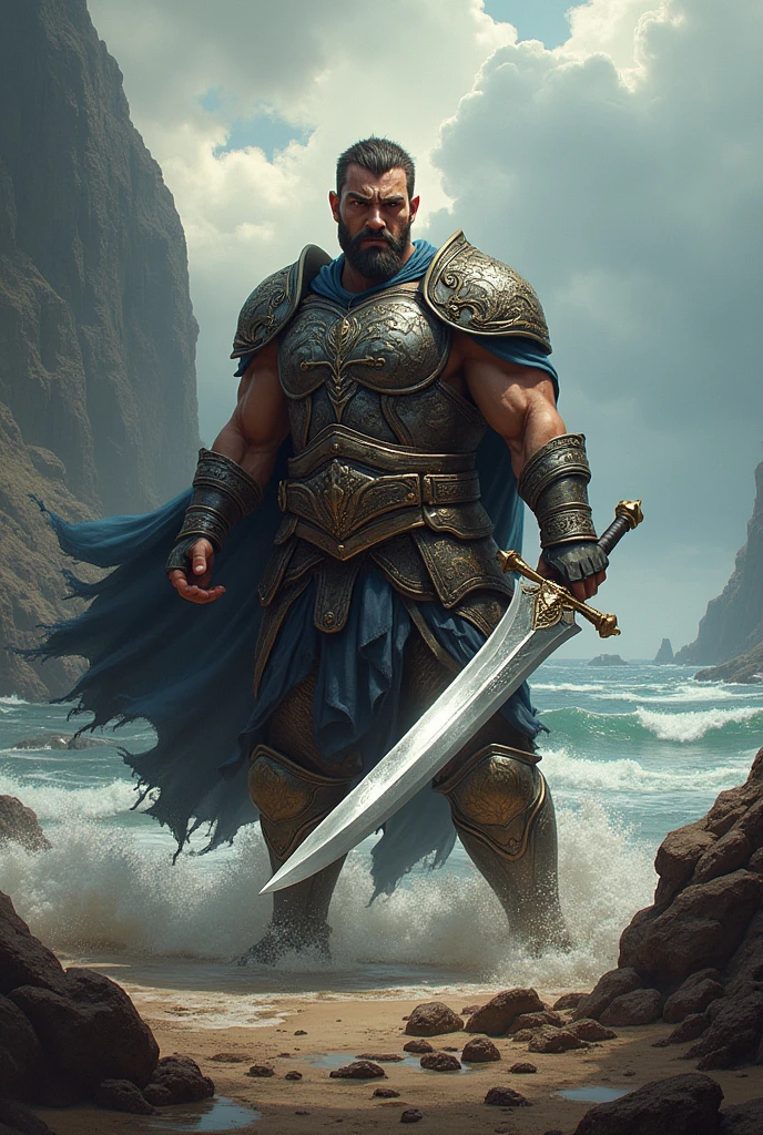 Highly detailed, High Quality, Masterpiece, beautiful, muscular male, 1boy, solo, Spear, Shield, pant, full body, nsfw, nude, penis, big penis, testicles, human
