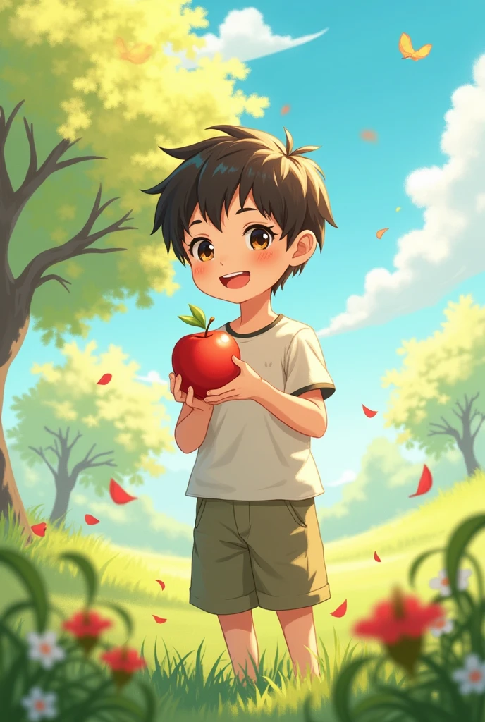 Anime boy holding an apple in spring