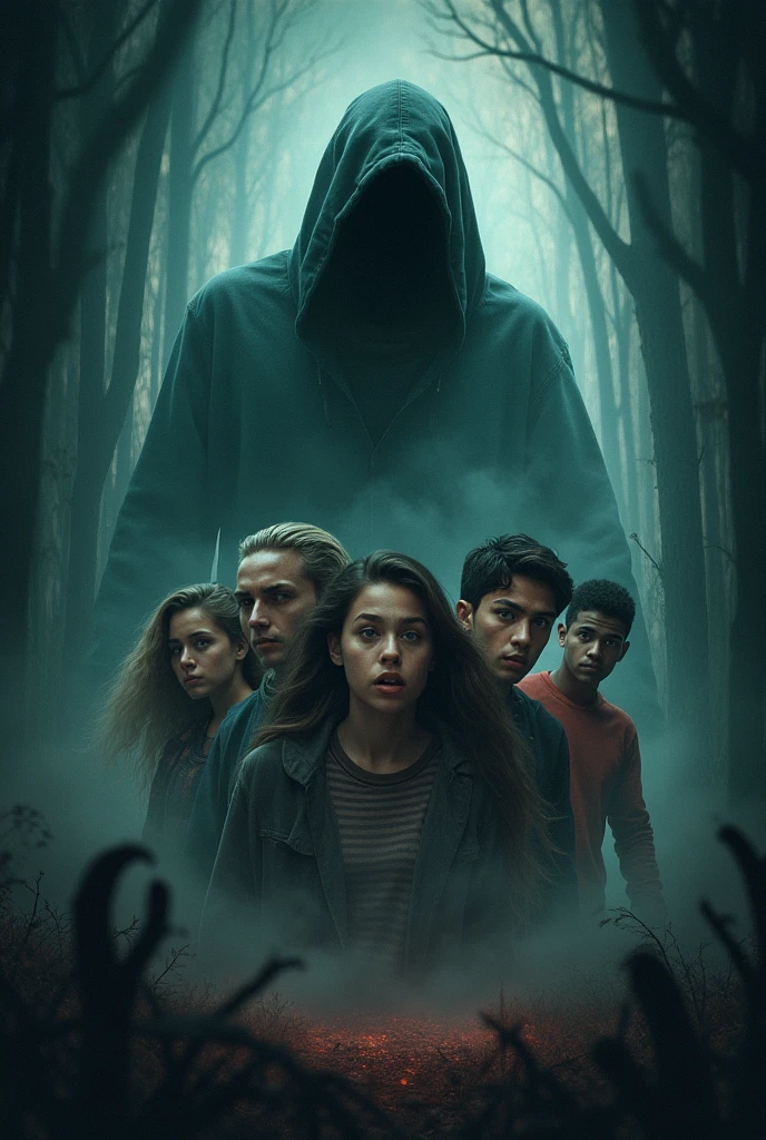 • Prompt: The friends reacting with fear as a ghostly figure or shadowy presence emerges from the darkness. The entity has a menacing, ethereal quality, with glowing eyes or a shadowy form.3boy 2girl