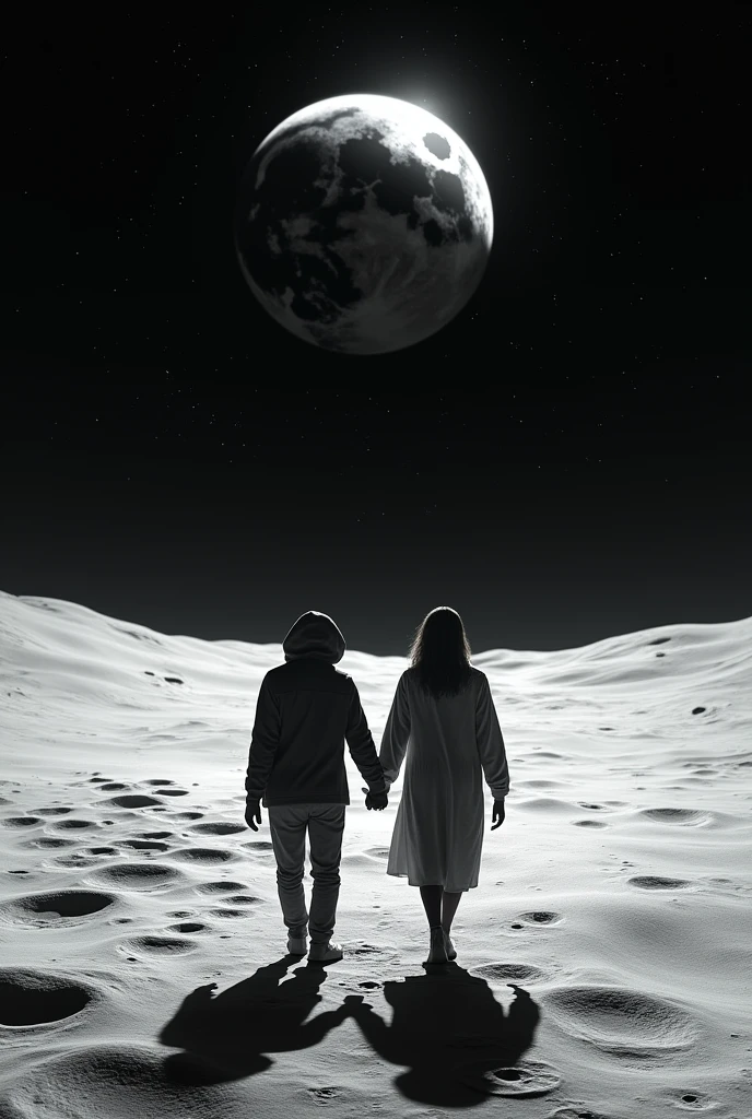 Lovers walking on the moon and contemplating the vast outer space with stars, comets, and other planets in the background, very well detailed sky, masterpiece, best quality, ultra-detailed, floating scene, light white clothes, loose hair, lightly embraced air, soft light, happy and optimistic feelings.