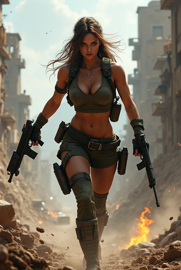 Russian beautiful military girl, with a big breast, in action