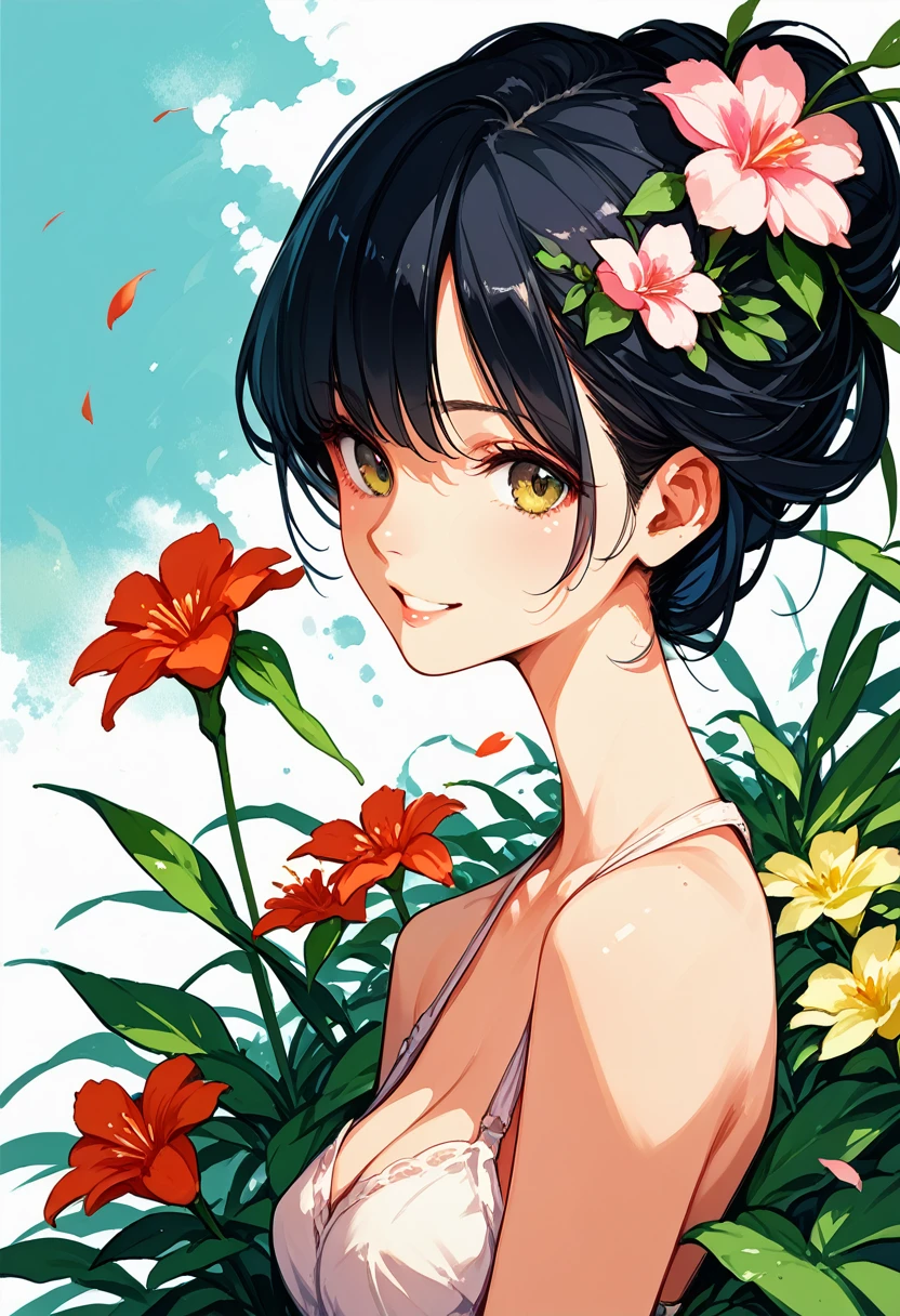 1girl, abstract, flowers, leaf, upper body