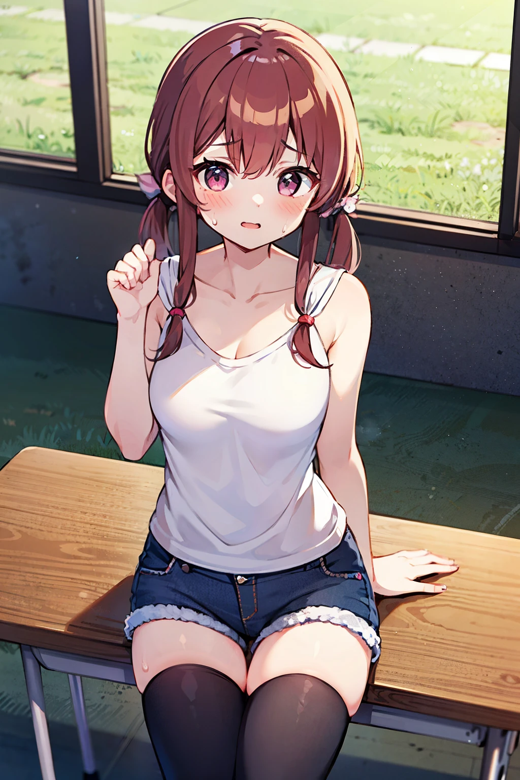 brown hair, long hair, eft_oshi_step, bangs, maroon eyes, curvy, anatomically correct, heavy breathing, 1girl, shorts, navel, breasts, barefoot, large_breasts, solo, short_shorts, striped, midriff, sitting, collarbone, cleavage, blush, full_body, sweat, bench, (plump:1.2), hollow eyes, bright pupils, sweating, heavy breathing, steaming face, maroon eyes, seductiv smile, blush, lazy eyes, "Photorealistic, Hyperrealistic, Hyperdetailed, analog style, soft lighting, subsurface scattering, realistic, heavy shadow, masterpiece, best quality, ultra realistic, 8k, golden ratio, Intricate, High Detail, film photography, soft focus", sweating, steaming body, fog,