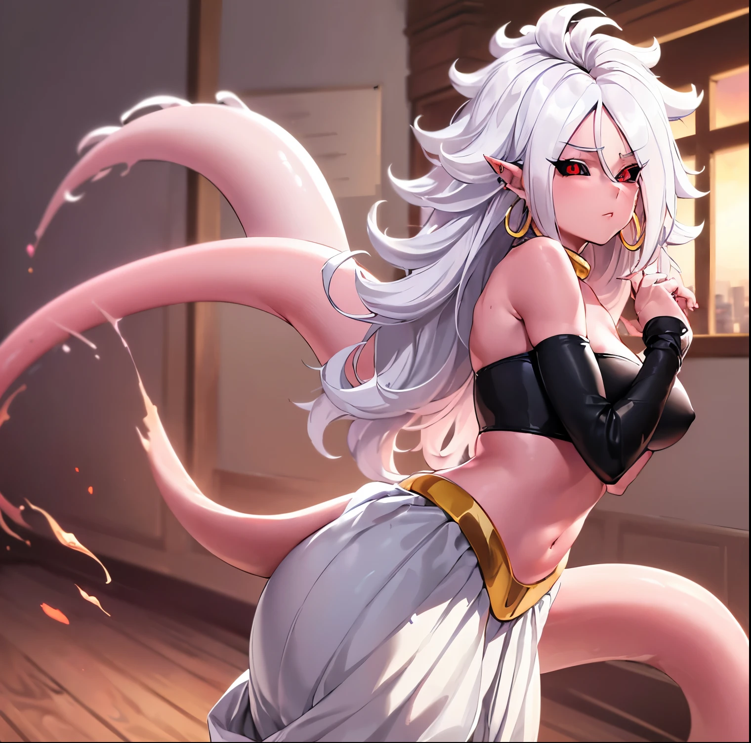 ((1girl)),((alone)), android 21, \(dragon ball \),(masterpiece), (best quality), (ultra detailed), (best illustration), (best shadow), (absurdities) , sharp focus, cowboy shot, atmospheric perspective, depth of field, dynamic posture, ((looking at viewer)), medium breasts, narrow waist, wide hips, medium thighs, round butt, erotic, romantic, (highly detailed eyes, lips 1.1), highly detailed eyes, eyes, Highly detailed face, Very beautiful face, Symmetrical face, Aesthetic face, perfect face, perfect eyes, detailed eyelashes: 1.5), full height, beautiful slim figure, femininity, expressive appearance, elastic medium breasts, sexuality, parted lips, ((white hair:1.4)), long hair, ((messy hair:1.3)), ((pointed ears)), ((hoop earrings:1.2)), ((red eyes)), red iris, colored sclera, ((black pupil:1.3))((black sclera: 1.4)), (( pink skin:1.4)),((tail:1.3)), ((bare shoulders)), ((strapless)), loose sleeves, bracelet, ((abdomen)), ((harem pants:1.3)),((white pants:1.4)), dragon ball, position, cowboy, shot, smile, curves, defined body, perfect and beautiful body, perfect and beautiful, stoic expression, closed mouth, ( (serious expression)), blushing, (sexy pose: 1.2), ((solo)), standing: 1.3, ((interior, laboratory, table, robotic parts, table, window, sunset)), Looking forward,((focus on thighs:1.4)), point of view:(from below), perfect anatomy, perfect hands