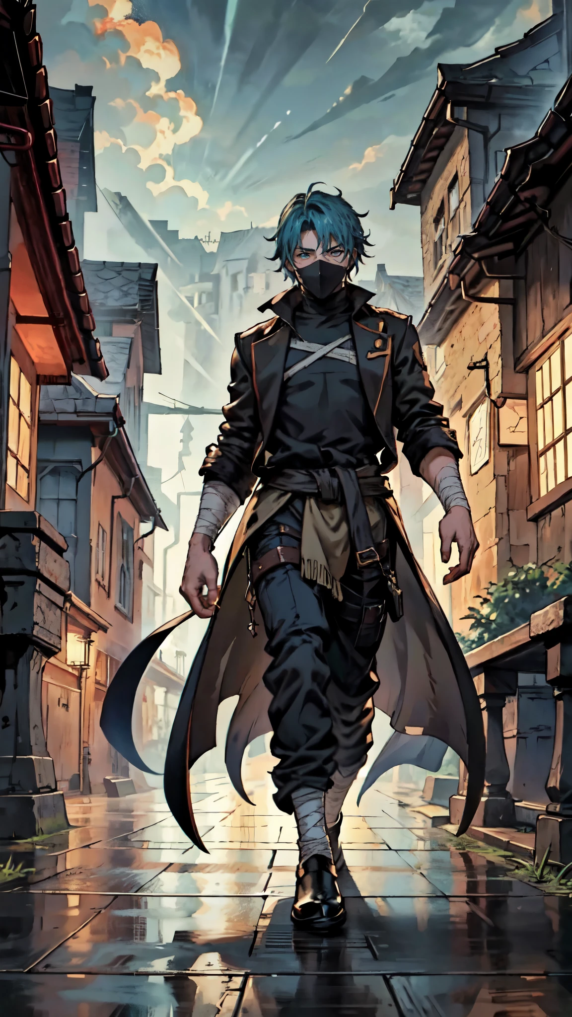 (masterpiece:1.2, best quality:1.2, extremely delicate:1.2), ((male:1.5)), a man with disheveled short cyan hair, wearing a mask that reveals sharp eyes, a sturdy build, an open tattered fantasy-style long coat with its hem billowing in the wind, his arms are marked with vertical stripes, his hands are wrapped in bandages, several layers of cloth are tied around his waist, coarse burlap pants, cloth shoes, walking through a dark street lit by only a few lights, this character embodies a finely crafted fantasy-realism style spy in anime style, exquisite and mature manga art style, dramatic, high definition, highres, ultra-detailed, ultra-fine painting, professional, perfect body proportions, golden ratio, anatomically correct, symmetrical face, extremely detailed eyes and face, high quality eyes, creativity, RAW photo, UHD, 32k, Natural light, cinematic lighting, (masterpiece-anatomy-perfect:1.2)