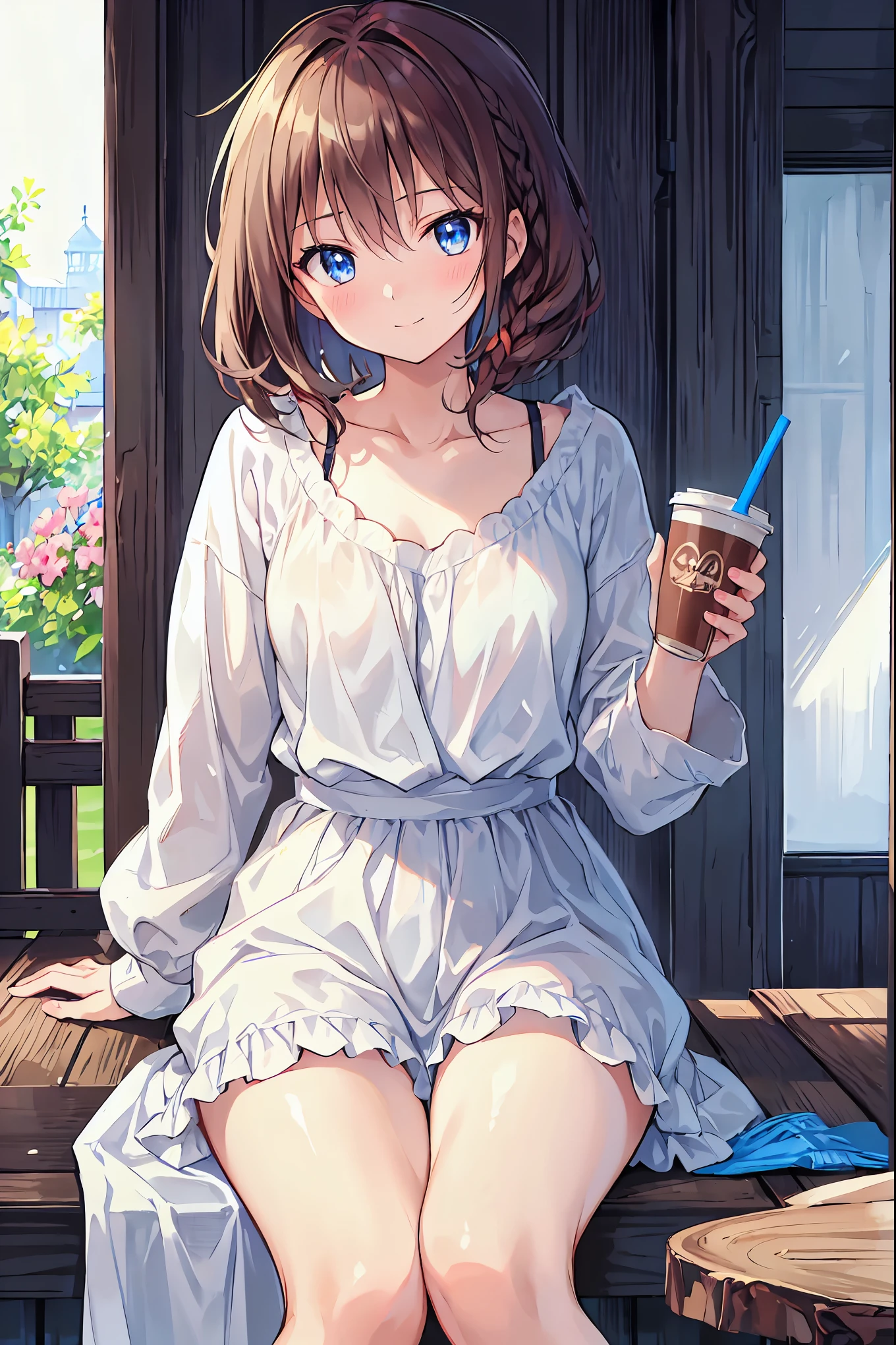 Cozy cabin in a mountain restaurant,Drinking coffee and looking at the horizon,Brown Hair,Shortcuts,Messy Hair,Slender beauty,A dignified posture,Beautiful feet,Her captivating grey-blue eyes shine like stars,break (masterpiece:1.2), Highest quality, High resolution, unity 8k wallpaper, (shape:0.8), (Beautiful attention to detail:1.6), Highly detailed face, Perfect lighting, Extremely detailed CG, (Perfect hands, Perfect Anatomy),beautiful girl,
