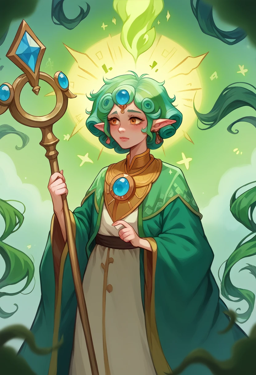 A celestial healer with a soothing, golden-green aura that radiates peace. Her robe is a delicate blend of soft green and gold, adorned with intricate patterns of healing symbols and vines. The robe has flowing sleeves and a train that seems to ripple like gentle waves. She wears a diadem of woven light and holds a staff with a luminous crystal that emits a calming glow.