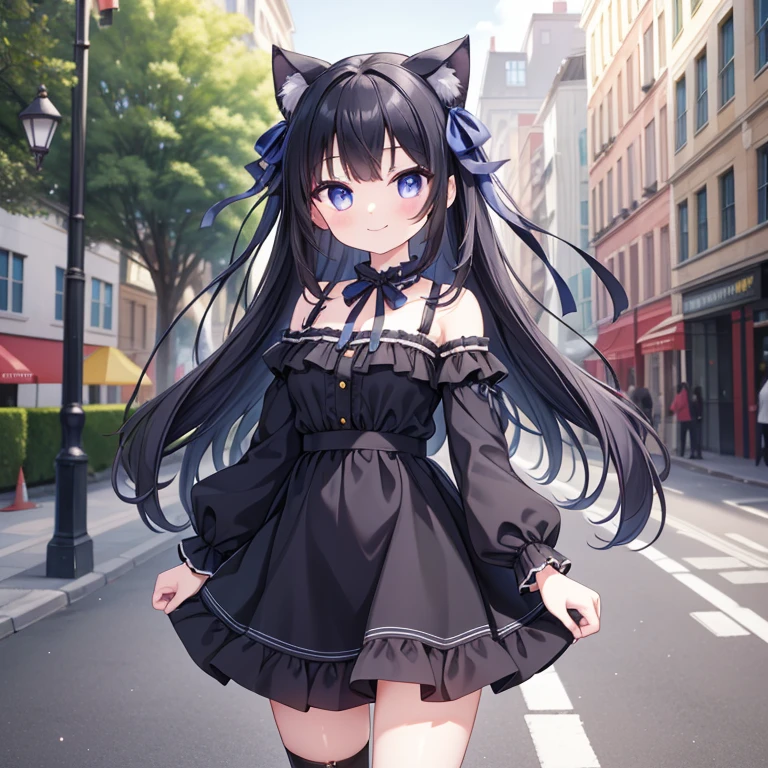 Masterpiece, best quality, high quality,  Highest quality, Ultra-high resolution, 1girl, Solo, has Black cat ears, wears indigo ribbon, has Long Black Hair, has Indigo eyes, wears Indigo clothing, slim body, Smile, sunny day,  standing in the street