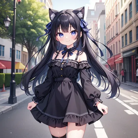 masterpiece, best quality, high quality,  highest quality, ultra-high resolution, 1girl, solo, has black cat ears, wears indigo ...