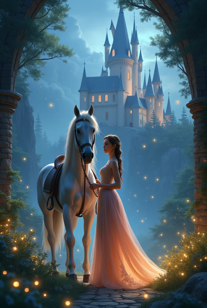 Centaur pointing to the sky and a 12-year-old girl with curly hair sitting on the floor, Floresta, Hogwarts robes, students sitting on the floor, Magic, Noite, luzes de vagalumes, Stars in the sky