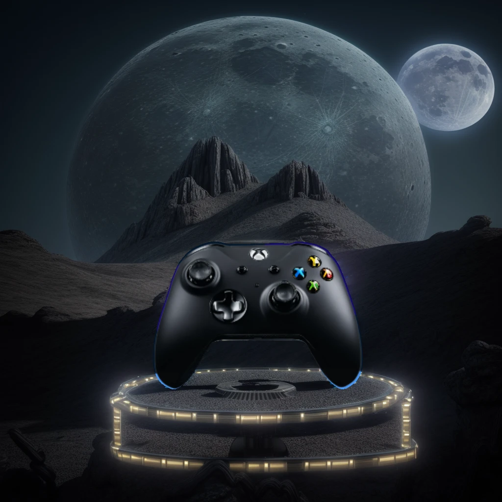 masterpiece, best quality, cinematic photo of Cyber sci-fi style, close-up of a mountain in the distance with a blue moon in the background, stunning alien planet landscape, black rocks with a glowing black mechanical platform on the ground, surreal 3d landscape style, rendered in cinema4d style, minimalist stage design, layered surface, photograph, film, highres