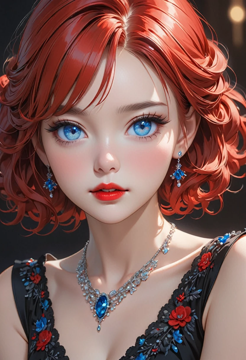 a stylized art of a woman in a pretty dress with red hair, 1girl, solo, jewelry, earrings, blue eyes, looking at viewer, mole, black background, red hair
