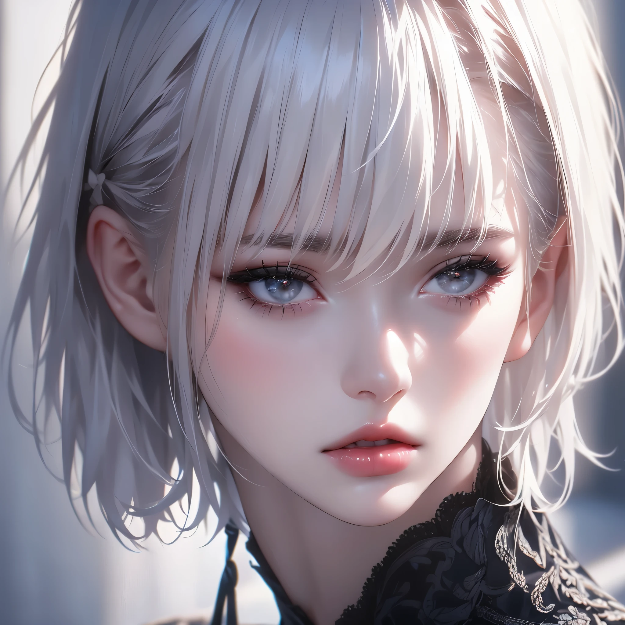 Синие джинсы, сочные бёдра, solo, 1girl, bow, short hair, white hair, choker, lips, looking at viewer, hair bow, realistic, bangs