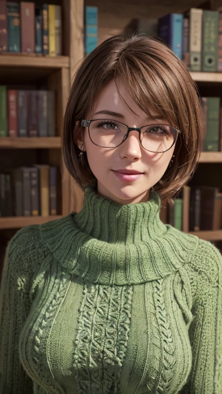 portrait, close-up, upper body. Short, red hair, green eyes, glasses with metal frames, naked, green knitted sweater, smile, happy girl . (masterpiece, top quality, Best quality, official art, beautiful and aesthetically pleasing:1.2), extremely detailed,(fractal art:1.2),Colorful,The most detailed, (dynamic pose), (book background:1.5), (many flowers:1.4). ((split. elegance. photorealism. unreal engine. 3D model. Ultra high quality textures. High detail. permission 8k))