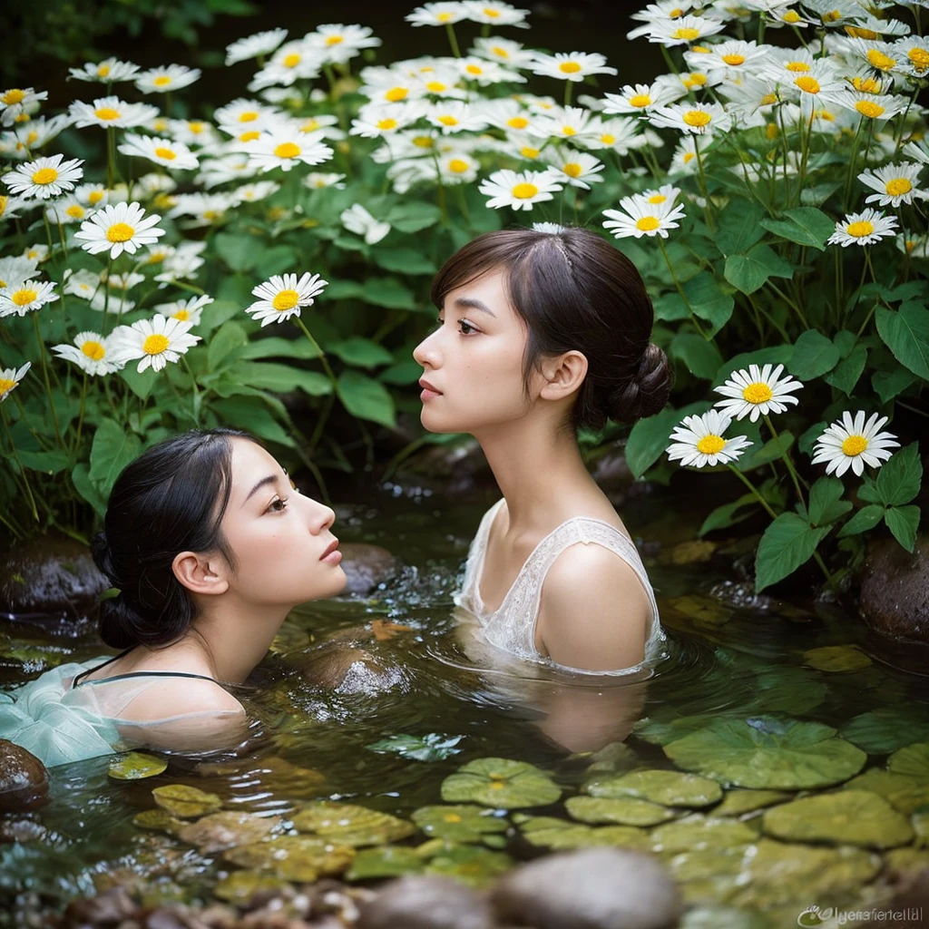 Two daisies, intricately detailed with soft, delicate petals, stand on either side of a gentle, babbling brook, the tranquil atmosphere reflected in their thoughtful, realistic human faces. The daisy on the left wears a contemplative expression, its facial features calm and serene. The daisy on the right, mouth agape, appears to be sharing a profound thought, its eyes engaged in conversation. The stream, crystal clear and shallow, flows slowly between the two flowers, adding a sense of movement to the otherwise still scene. The entire composition is set against a soft, seamless white background, reminiscent of a studio setup. Style inspired by the hyper-realistic botanical art of Roberto Bernardi and the sensitive, emotive faces of Audrey Kawasaki's portraits, with the meticulous attention to detail characteristic of Simon Stålenhag's photorealistic work.