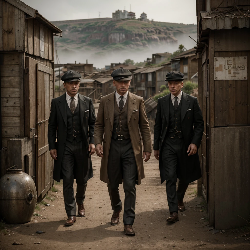 arafed men in coats and hats stand in a street with a gun, costumes from peaky blinders, peaky blinders gang, peaky blinders, peaky blinders (2018), each wearing correct era clothes, taken in the early 2020s, style of arcane tv series, 1 9 2 0 s clothes, face detailing, face details, clear face,