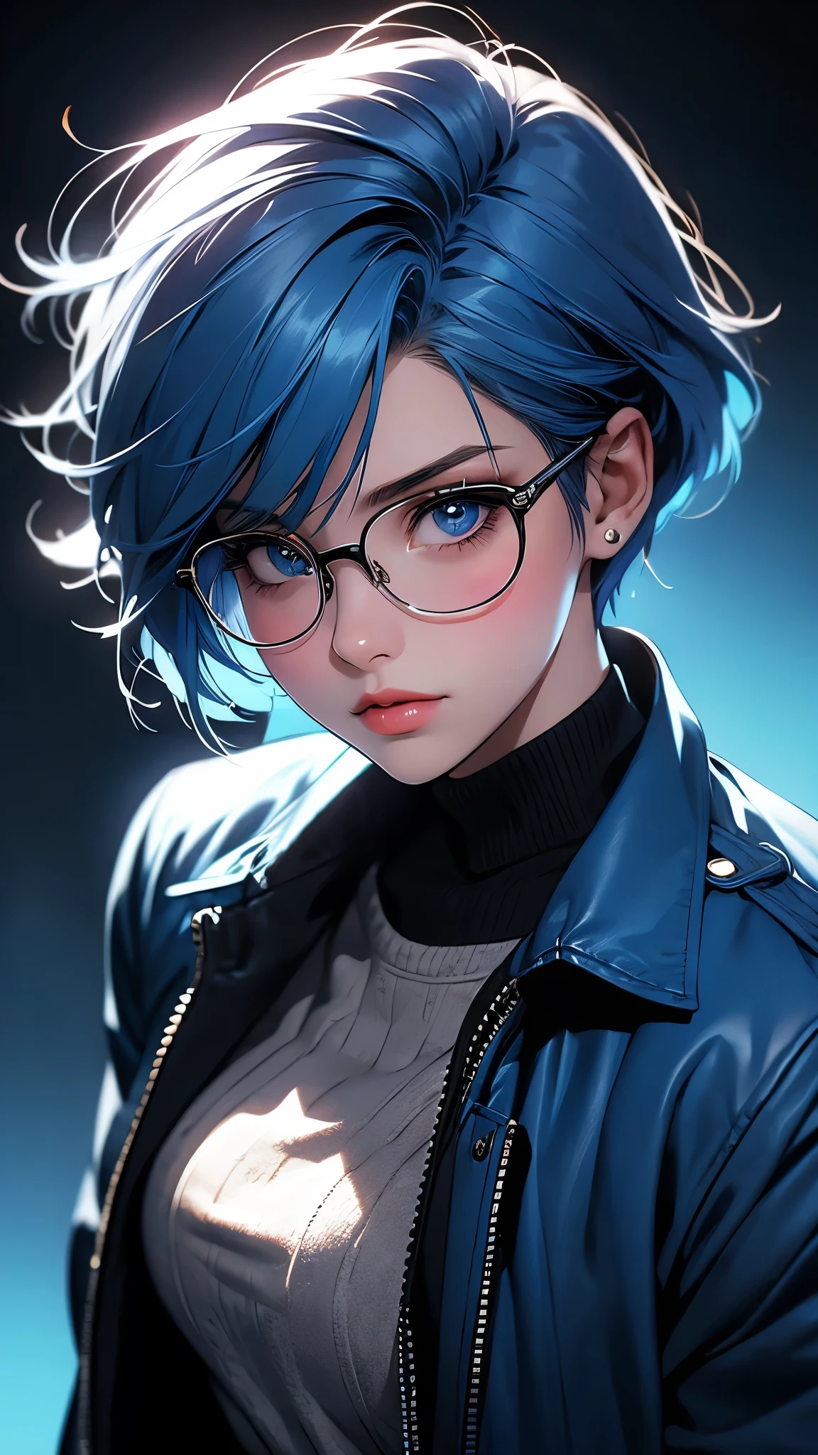 envision a 8k, highres, cinematic, beautiful extreme close up face Pinup of a sexy lady with a slender body, strong face, strong mature older face, (((short blue hair))), side locks, long bangs, blue eyes, glasses, shorts, closed jacket, military jacket, marching band jacket, gloves, boots, vibrant, ((((1girl)))), in dark lighting, against a dark gray background