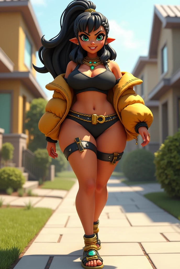 dark-skinned female, Bas de bikini, poitrine, gros seins, voluptueux, thick thighs, Oppai, hanches larges, Sinueuse, gros cul, cul massif, dreadlocks, veste rouge, Casquette de baseball noire, dans les rues, haut noir,