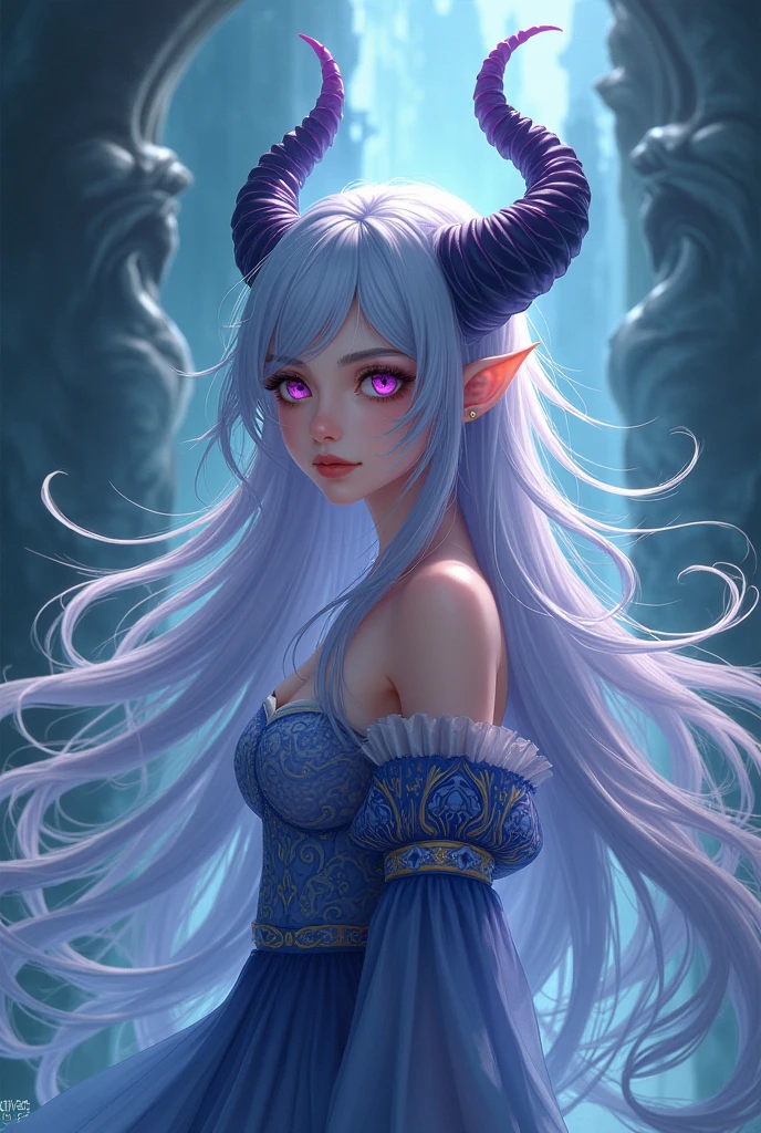 A girl of average height. Marsh-colored hair, with some purple strands. Snow-white skin with makeup in the form of scales on the face. There are no legs, they are replaced by a black tail with purple streaks. She is wearing a beautiful dress. Anime style , russ Yuan-ti from dnd , a half snake , instead of legs she has a tail