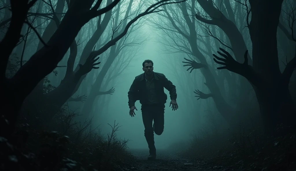 girl running away from the hungry zombie behind her, scary, in the darkness, horror movie, cinematic style, analog style