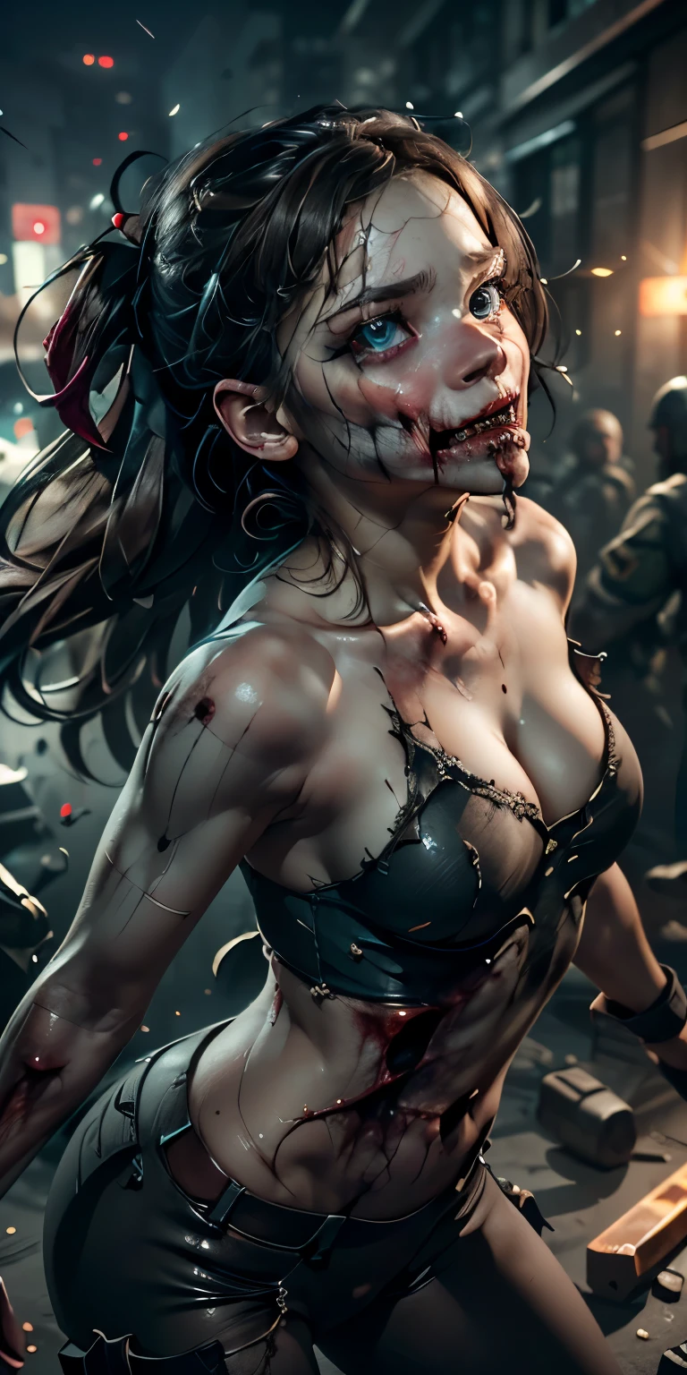 a horrifying bloody girl with a deranged smile, bloody face, gory wounds, dark moody lighting, horror atmosphere, dark fantasy, cinematic lighting, gritty realistic, 8k, highres, detailed, masterpiece