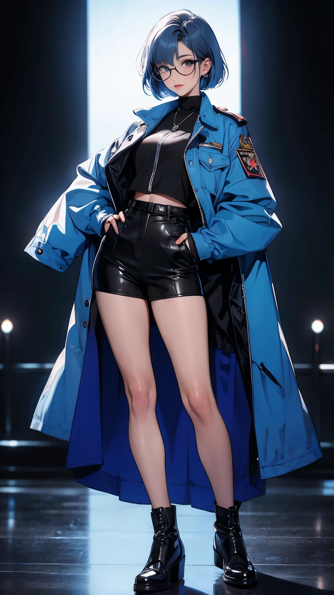 envision a 8k, highres, cinematic, beautiful full body Pinup of a sexy lady with a slender body, strong face, strong mature older face, (((short blue hair))), side locks, long bangs, blue eyes, glasses, shorts, closed jacket, military jacket, marching band jacket, gloves, vibrant, Talaria, winged boots, ((((1girl)))), in dark lighting, against a dark gray background