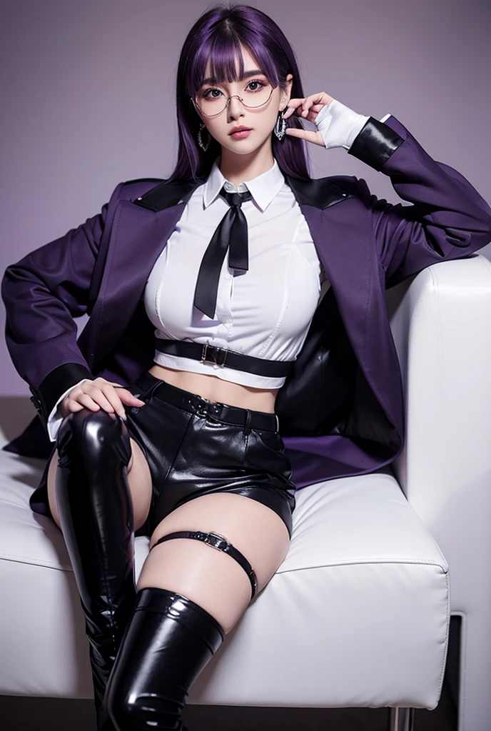 (Masterpiece, Best quality),8K quality, 1girll, 独奏, KafkaHKS, A woman sits in a chair,There was a knife leaning against the side of the chair,Playful expression!Purple and black clothes。eyewear on head, gradient backgrounds, hair between eye,Long sleeves, Purple gloves, White shirt, Purple pantyhose, Black boots, Purple cobwebs, Black silk thighs, sunglasses on head, long whitr hair, looking at viewert, Black Purple Hair, Short purple nails, Scarlet eyes,Thighs, Thighs,upper legs,long whitr hair,Wine,wineglass,((tmasterpiece))Pleated purple skirt,Sat down,Absolute realm,mistic,magical