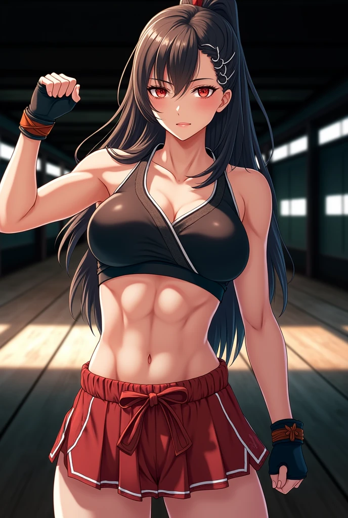 A muscular, macho female ninja is showing her fighting spirit.