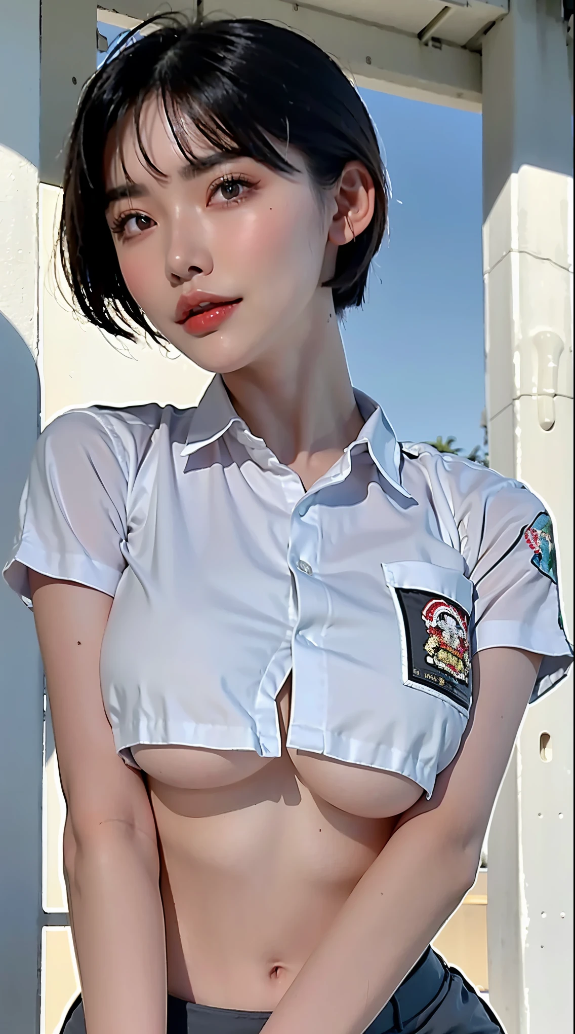 ((1 korean  girl)), ethereal beautiful, beautiful girl,slim, 17 yhort hair),soft light, close up picture, masterpiece, best quality, photo-realistic, high resolution, detailed skin, 8k uhd, dslr, soft lighting, high quality, film grain, Sony A7S, full body, (thai_girlscout_uniform:1.4), simple background, ((spread legs pose)),(flat chest:1.4), (((small breast))), (nsfw:1.4), (nude)