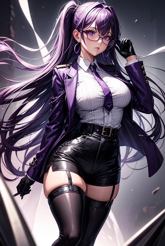 (Top resolution、Distinct_image)top-quality、(A girl) 、​masterpiece、highly detailed, half body, Semi-realistic、 purple eyes 、18year old,
 ( blue hair) ,young 、Exquisite facial features、Facial features ,variation potrait, long  hair  , teenage, cool , cold sharp eyes, , {Very detailed 8k CG unit wallpaper}, students, whit oversized shirt , black tie, music classroom, (blue jacket on top)