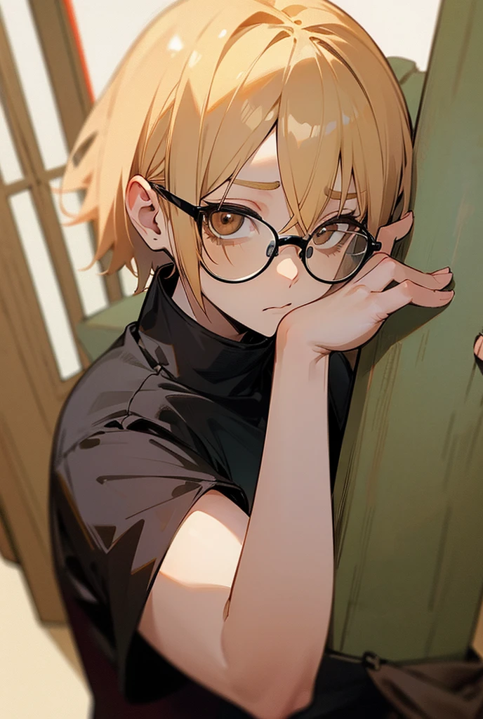 masterpiece, best quality,anime style, 1 girl,(((slender body))), (((small eyes))),(((black athlete suit,glasses))), (beautiful face), (((short hair))), (((straight hair))), ((((blonde hair)))),detailed beautiful skin, (perfect hands, perfect anatomy),scream