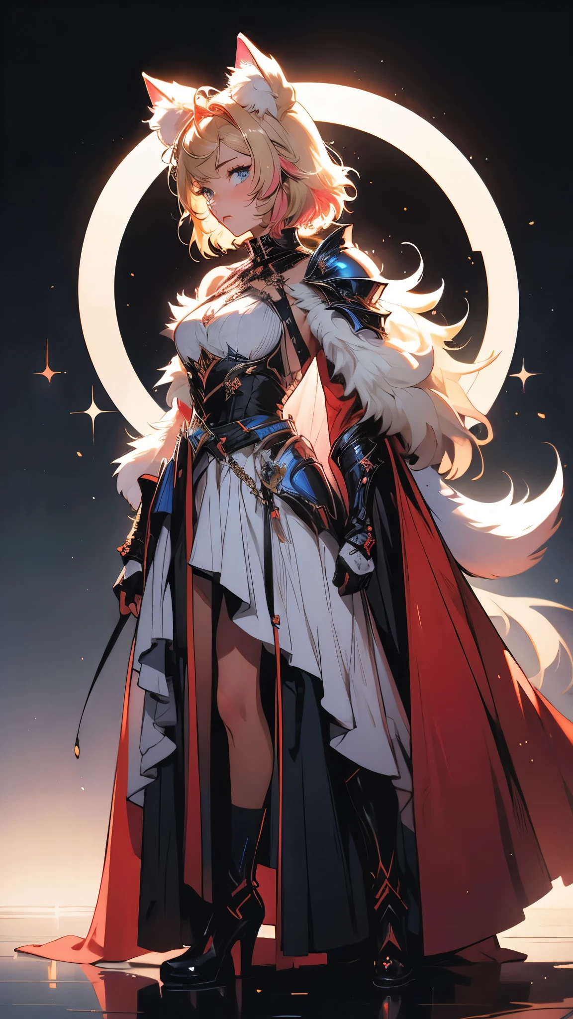 envision a 8k, highres, cinematic, beautiful full body Pinup of a sexy lady with a slender body, strong face, strong mature older face, (((short blonde hair))), multicolored hair, fluffy animal ears, side locks, long bangs, blue eyes, Mococo Abyssgard, warrior armor, furry armor piece, shoulder cape, skull crown, fantasy armor, high fantasy, tall armored boots, skirt, garters, full body view vibrant, ((((1girl)))), in dark lighting, against a dark gray background