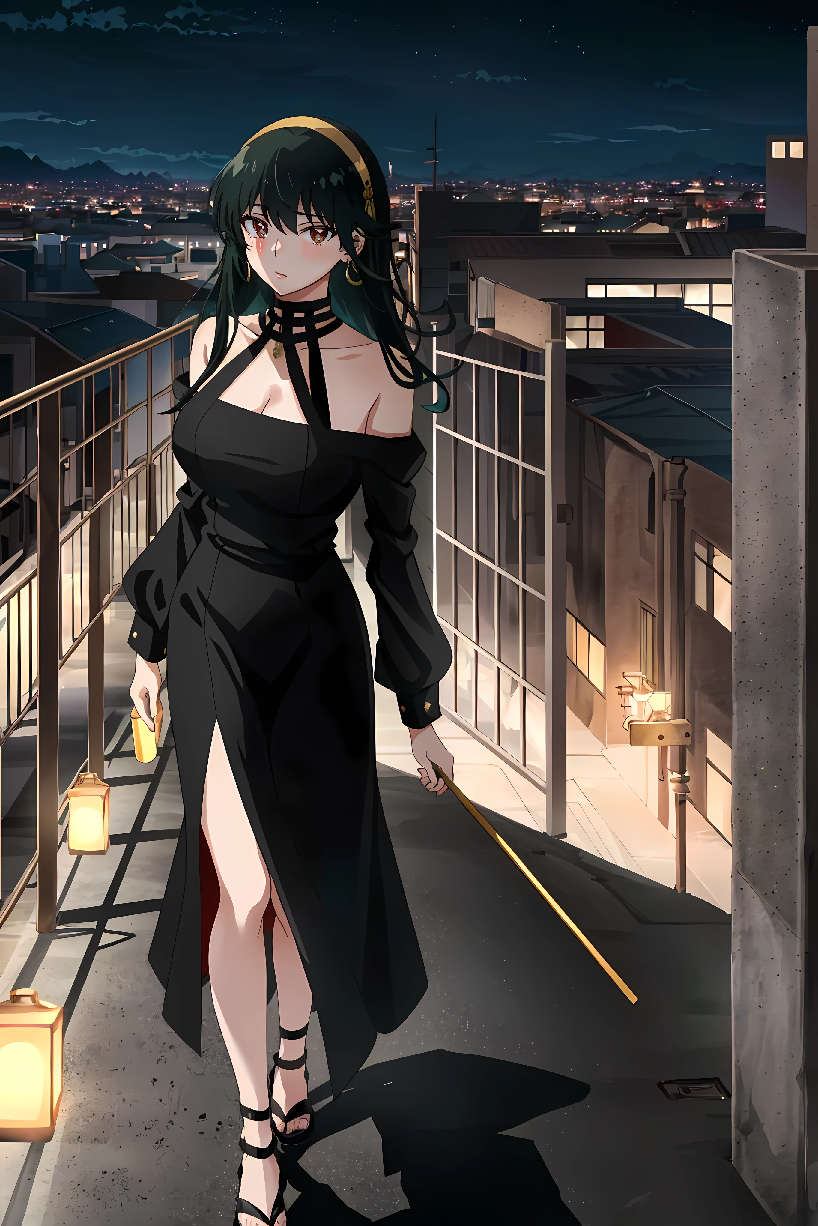 ((extremely detailed CG unity 4k wallpaper)),(masterpiece),(ultra quality),(ultra-detailed),(best illustration),(best shadow),(Extremely Detailed),(absurdres),(detailed background),Break, Yor Forger, y, 1girl, solo, black hair, golden ear rings, golden hairband, red eyes, killer gothic halter black dress, black dress, walking, walking like a killer,  ((on roof, building , night city, night , city, lights on building)), best anime 4k konachan wallpaper, girl looking above, girl looking camera