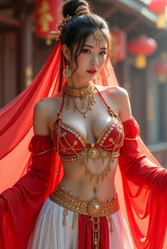 Masseter film,(best quality:1.3),Ultra-high resolution,original photo,Delicate skin,Beautiful Lights,(Practical, Photorealistic:1.4), Dunhuang, 1 Girl, whole body, permanent, Uneven skin, beautiful expression、Delicate face、Huge breasts,Perfect proportions、Big 、Thin tights,Big breasts and thin waist、navel、Crotch gap、Thighs Thighs、silk,Fascinating、Attractive woman, Sexy, Dunhuang_background,(Dynamic poses:1.2), Soft and flowing clothing,Silky,Vivid golden red outfit、moist skin、(There is a huge multi-circle divine ring behind him.,Seal of God),A huge vertical divine ring,Many circles of Seal of God,(The clothes were lifted up to reveal half of the breast:1.5),((Clothes reveal half of the chest:1.5)),V-neck dress,