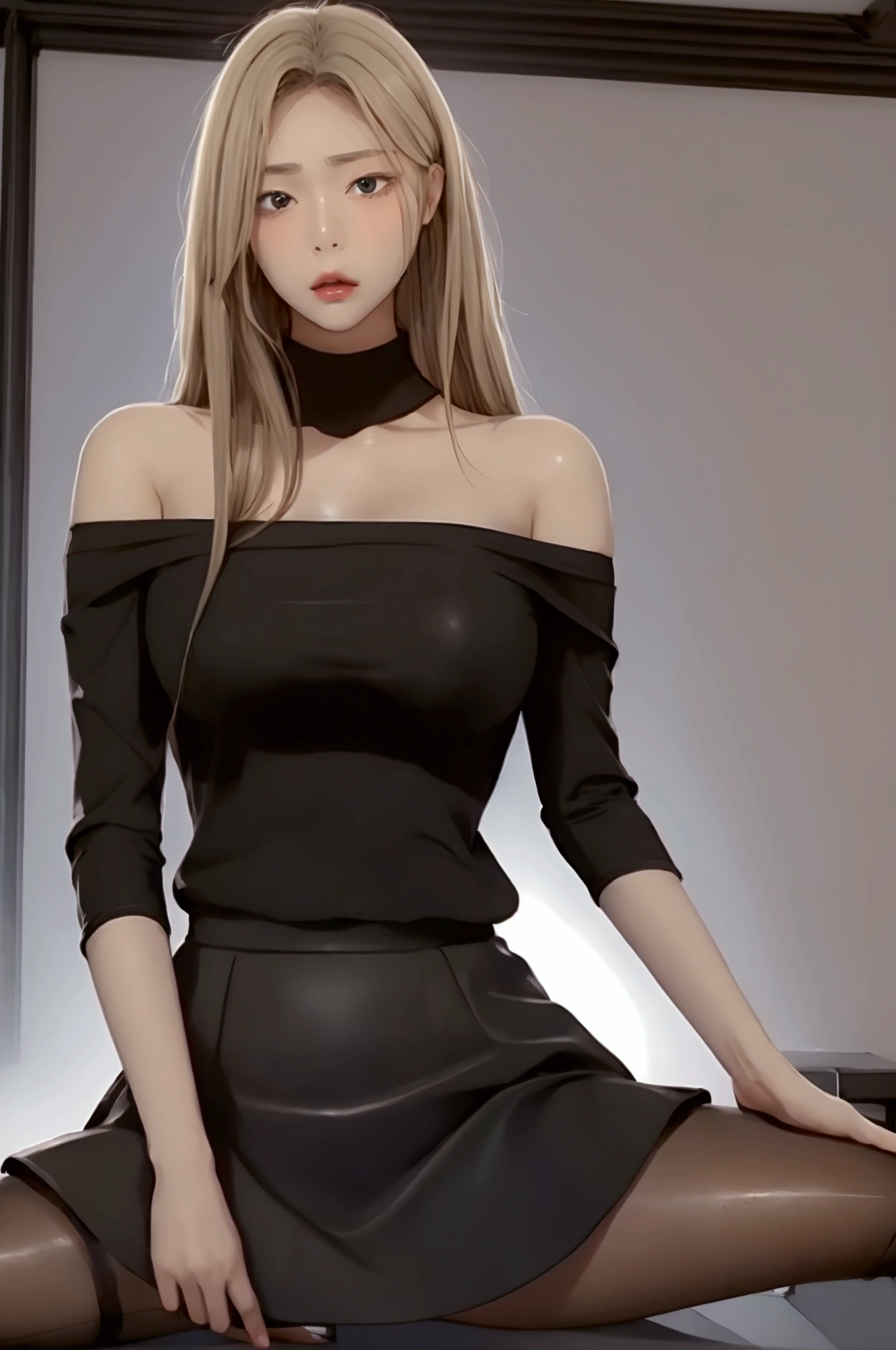 8K quality、High resolution、Realistic skin texture、High resolutionの瞳、woman、One-shoulder knit、Princess Hair、thin、リアルなwoman性器、Small breasts、Realistic tongue、Gray Hair、thin脚、Wet body、Reader model、Slender model figure、Bold Pose、