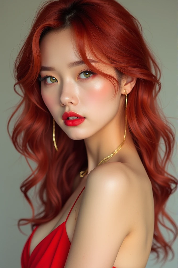 close up of jenny kim, Korean idol, with a white background behind her, a proud look and long, bright red hair with a silver dress