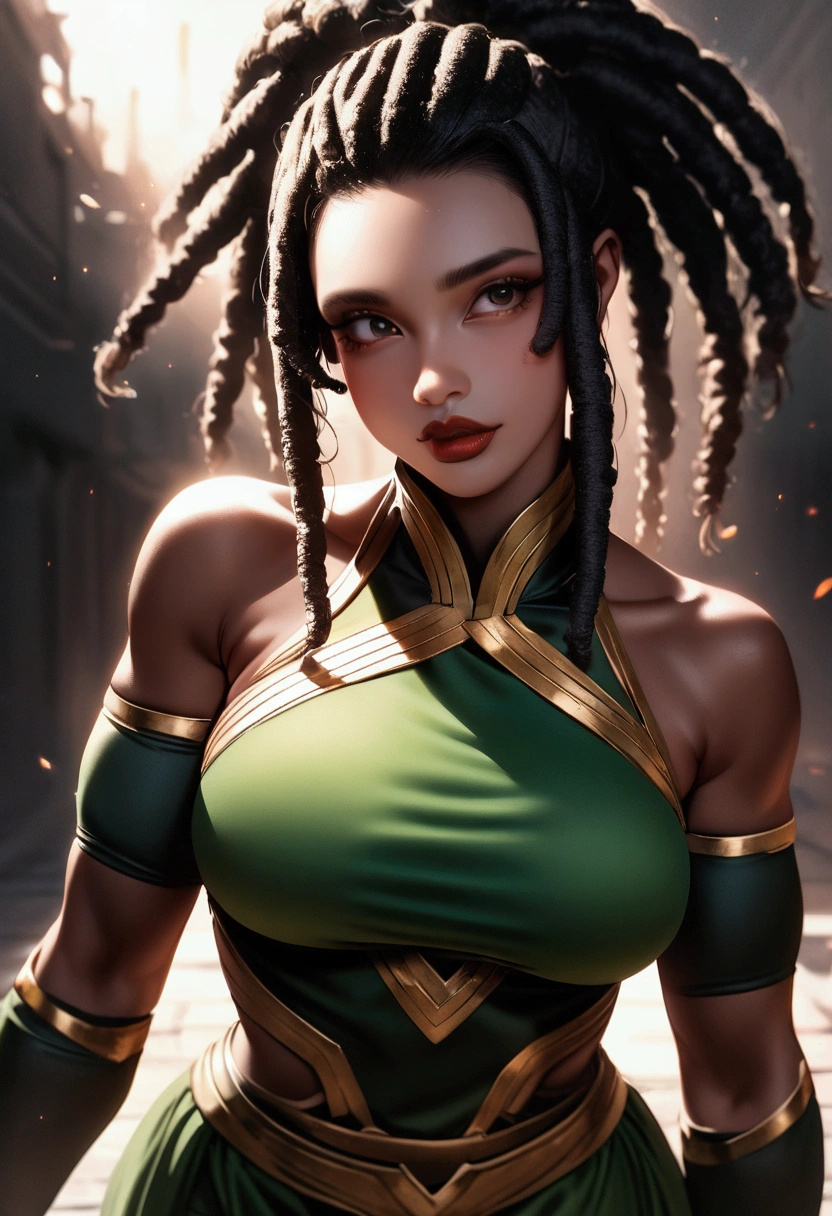 (ultra realistic,32k,RAW photo:1.1),(high detailed skin:1.1), 8k uhd, dslr, high quality, film grain, (makeup, mascara:1.1), pouty lips,(thick\lips\), 
(translucent clothing:.7), shian,silk clothes, ankle wraps, hand wraps, fantasy kimono with long sleeves and a short skirt, sandals,braid,bow, twintails,long hair,black hair, medium breasts, Dark green skin, orc girl, gold eyes (upper body:1.1),(looking at viewer, dancing:1.1),,
 (busty:1.1) , (chubby:0.1),(ambient lighting:1.2), bright theme, fun, fire